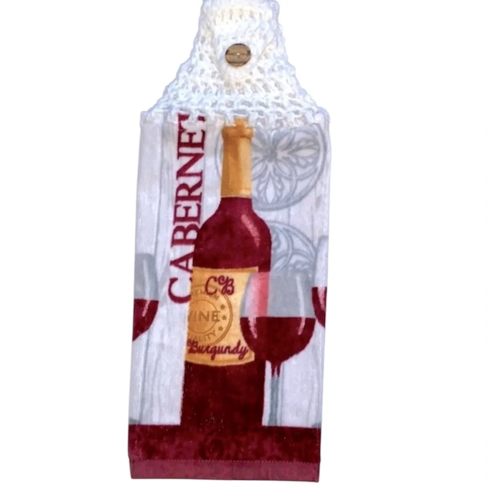 Hand Crafted Cabernet Wine Hanging Kitchen Towel with Burgundy and White Design